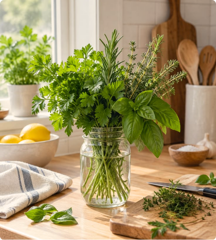 Fresh herbs in a glass vase on a sunlit kitchen table