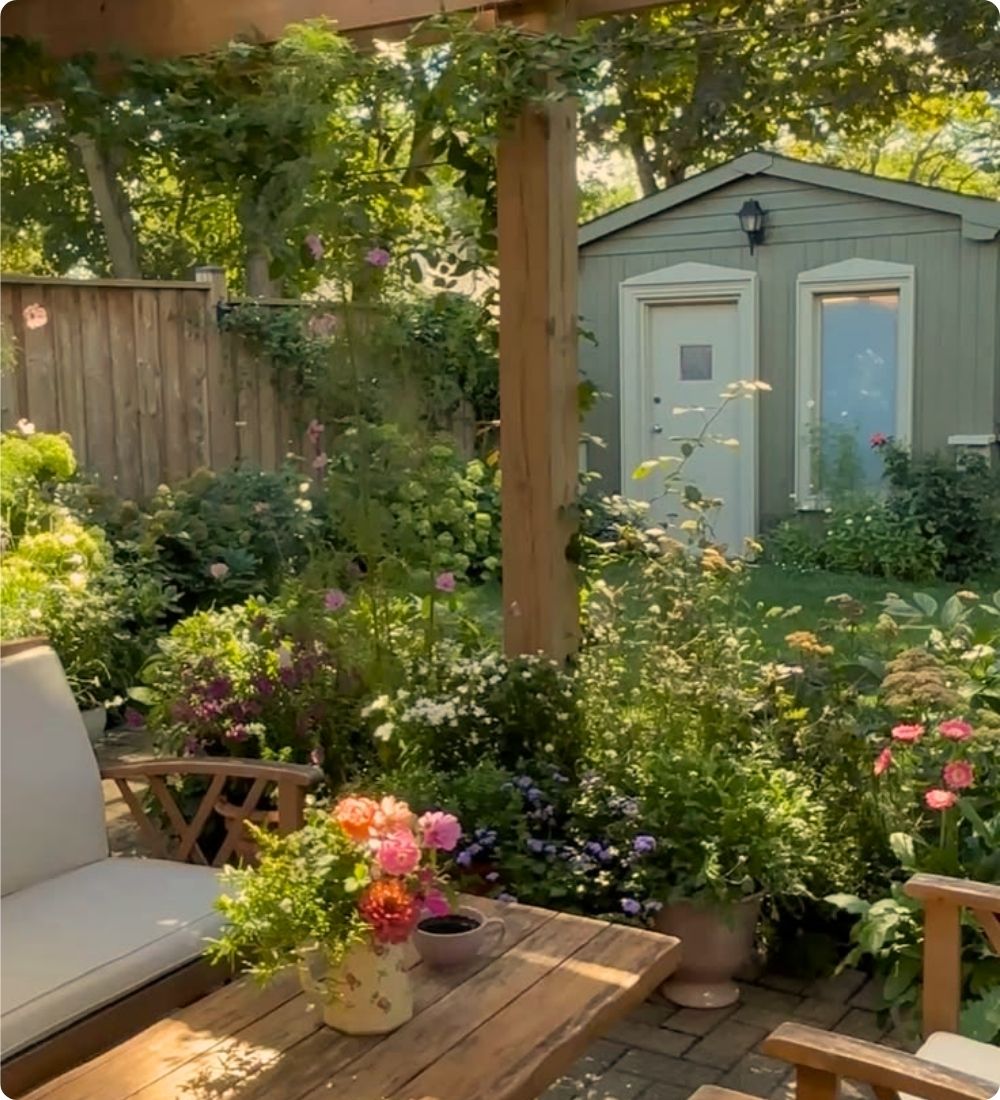 Lush home garden with flowers, leafy plants, a seating area and a small garden shed