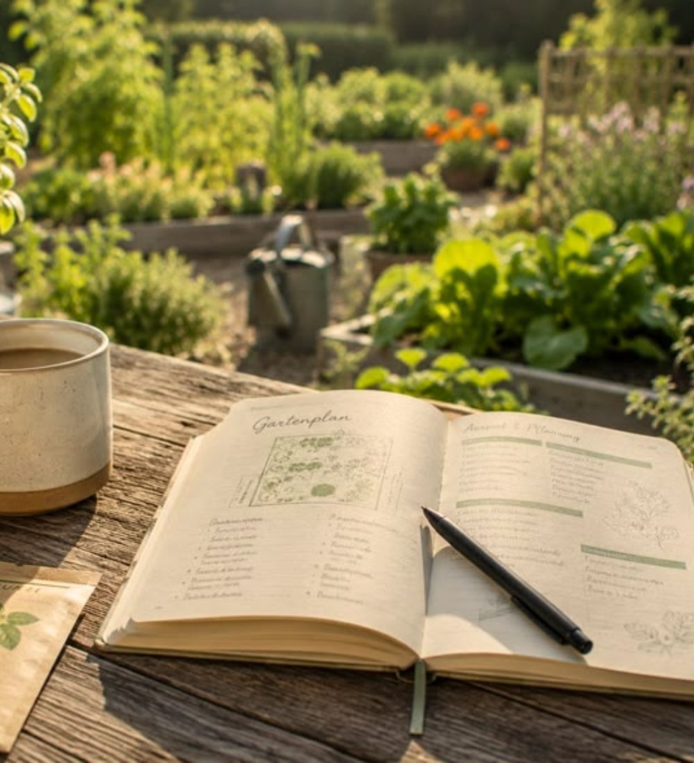 Open garden planning notebook and a mug on a wooden table overlooking a vegetable garden