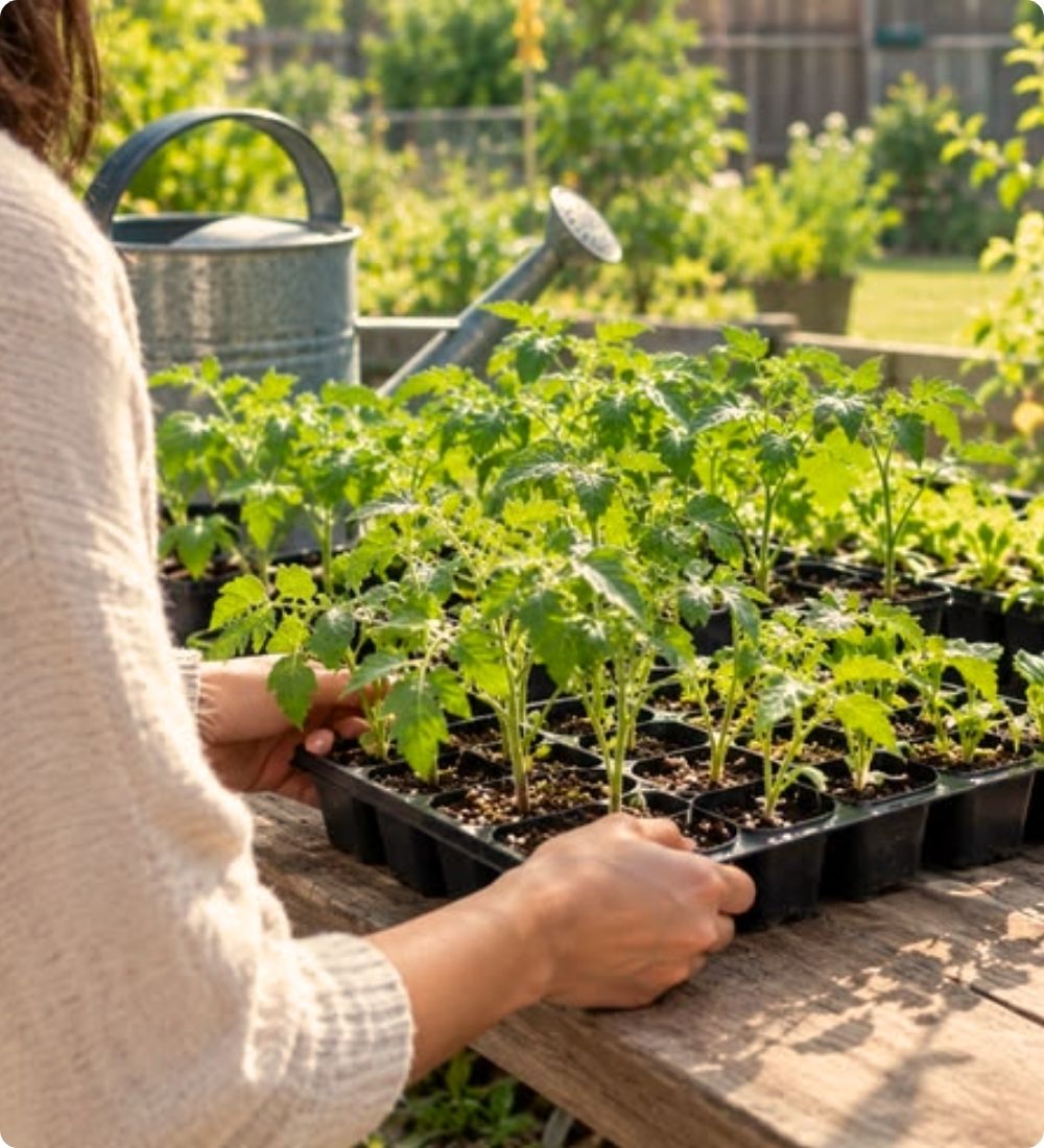 Gardener holding a tray of young seedlings beside a watering can